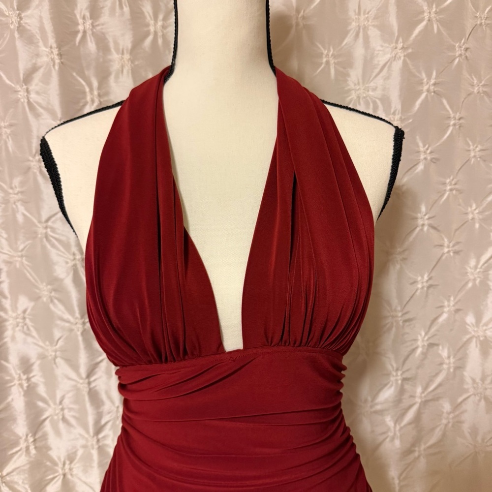 Norma Kamali Ruched Halter Tank Top Burgundy Deep Red V Neck - Picture 2 of 9